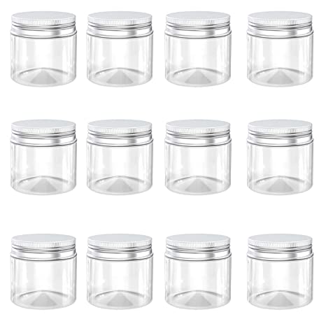 HNXAZG 2 Ounce Plastic Jars with Aluminum Lid Leak Proof Clear Containers Jars for Store Liquid, Cosmetic, Cream, 12 Pcs