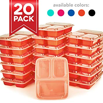 Dash DMPS203GBOR06 Reusable BPA Free Meal Prep Containers   Bento Box with 3 Compartment Plates & Lids for Food Storage or Healthy Portion Control 20 pack Orange