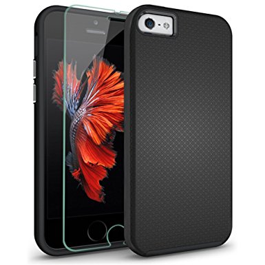 iPhone 5S Case, iPhone 5 Case, iPhone SE Case, COOLQO TPU Bumper   Hard PC Hybrid Dual Layer Cushion   Tempered Glass Shockproof Defender Absorptive Cover & Skin for Apple iPhone 5/5S/SE (Black)