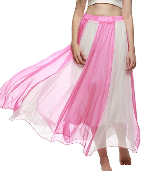 ACEVOG Women Elastic Dress Casual Pleated Retro Maxi Chiffon Long Skirt