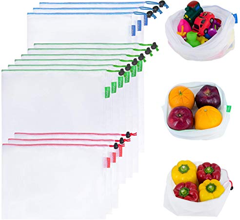 Prefer Green 12PCS Reusable Produce Bags, Premium Zero Waste Mesh Bags for Storage Fruit Vegetables, Eco-Friendly With Colorful Tare Weight on Tags, 3 Sizes