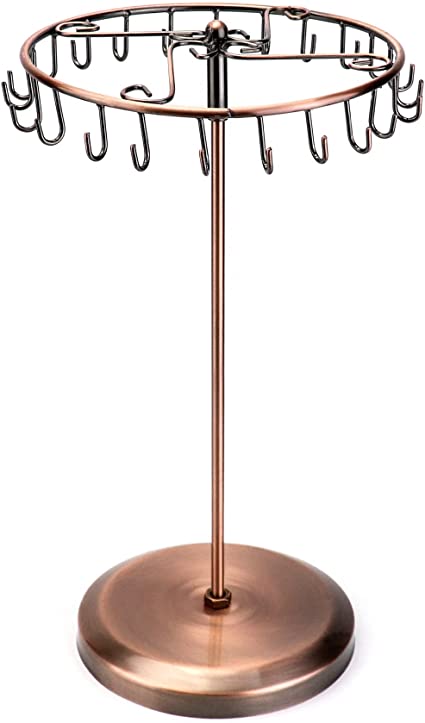 QWORK Spinning Jewelry Tree Display Stand, Jewelry Organizer with 23 Hooks, Brass