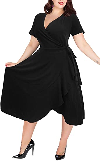 Nemidor Women's Short Sleeve V-Neck Plus Size Wrap Dress Casual Ruffle Swing Dress NEM233