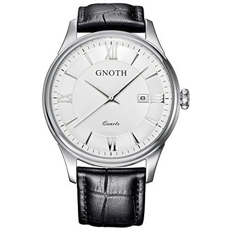 GNOTH Men's Silver Minimalist Sapphire Leather Watch with Date Roman Numeral