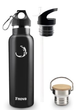 Fnova Insulated Stainless Steel Water Bottle Double Walled Vacuum Thermos Flask Standard Mouth with 3 Caps BPA-Free Cold 24 Hrs  Hot 12 Hrs