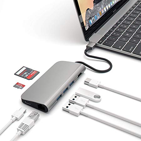 TKKOK USB C HUB Aluminum Multi-Port Adapter 4K HDMI, USB-C Pass Through, Gigabit Ethernet, SD/Micro Card Readers, USB 3.0 - Compatible 2016/2017/2018 MacBook Pro More (Space Gray)