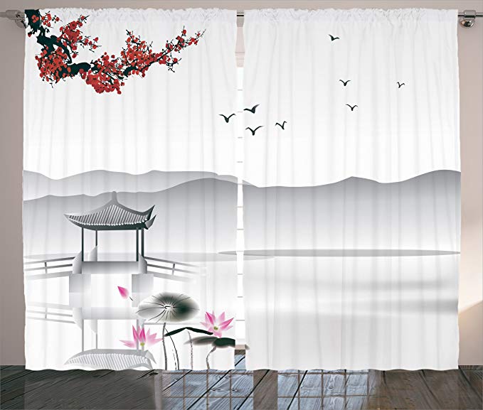 Ambesonne Asian Decor Collection, Japanese Asian Style Garden with Bird and Small Pavilion Over the Lake Lotus Waterlily, Living Room Bedroom Curtain 2 Panels Set, 108 X 90 Inches, Grey Pink Red
