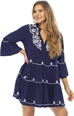 Back From Bali Womens Short Sundress Flowy Boho Beach Dress with Embroidered V Neck, Casual Sexy Summer Party Dress
