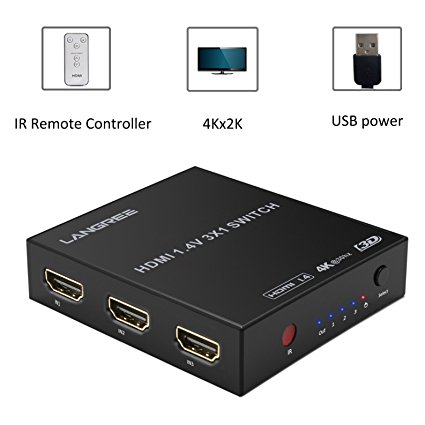 HDMI Switch 4K 3 In 1 Out, LANGREE Intelligent 3 Port HDMI Switcher 3 x1 Support Ultra HD 4K 1080P 3D, With IR Remote and USB Power Cable - Black
