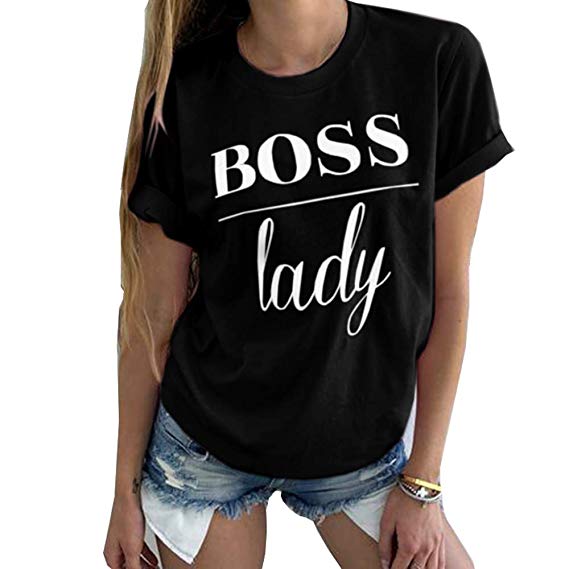 Pukemark Women's Plus Size Tops Cute Graphic Letter Boss Lady Print Summer Casual Cotton T-Shirt Short Sleeve Tees Tops