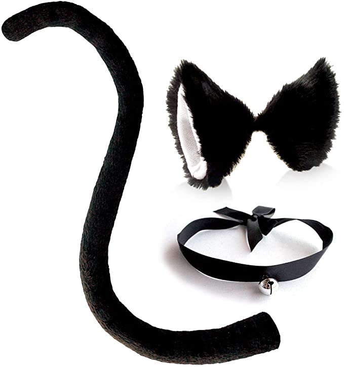 Cat Ears and Tail Costume Accessories Anime Ear Clips White/Black Tail Long/Sexy Choker for Cosplay Cat Costume Set Animal Ears Hair Clip for Women/Girls/Kids Halloween, Neko Accessory 3 PC Kit