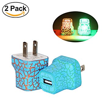 Wall Charger(2 Pack), YiwerDer Glow in the Dark Universal USB Travel Home 1.0 AMP Power Adapter Plug for iPhone 7/7 plus 6/6 plus 5S Samsung Galaxy S7 S6 S5 (Green and Orange Light)