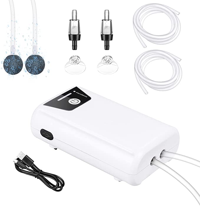 Petbank Aquarium Air Pump with Dual Outlet - Portable Fish Tank Air Pump with Air Stones, Quiet Aquarium Bubbler 1.5-2L/min²Two Power Supply Modes, Ideal for Aquarium, Fishing and Power Outage