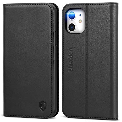 SHIELDON iPhone 11 Case, iPhone 11 Wallet Case, Genuine Leather iPhone 11 Folio Magnetic Cover Kickstand RFID Blocking Card Slots Compatible with iPhone 11 (6.1 Inch, 2019 Release) - Black