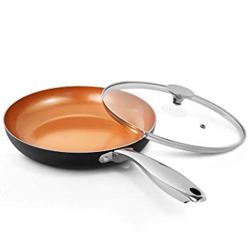 MICHELANGELO 10 Inch Frying Pan with Lid, Ultra Nonstick Copper Frying Pan with Titanium Ceramic Interior, Ceramic Frying Pan, Nonstick Skillet with Lid, Copper Pans Induction, Induction Compatible