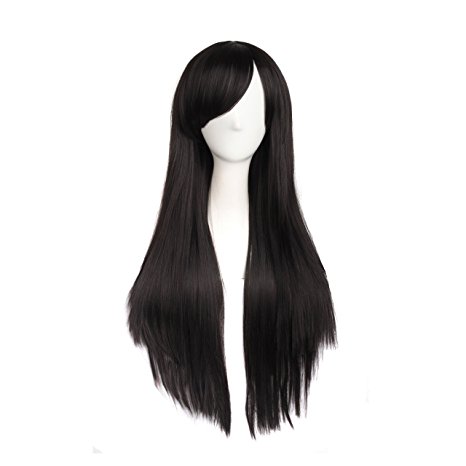 MapofBeauty 28" / 70cm Special Natural Long Straight Wigs Diagonal Bangs Wigs-Black-Ladies