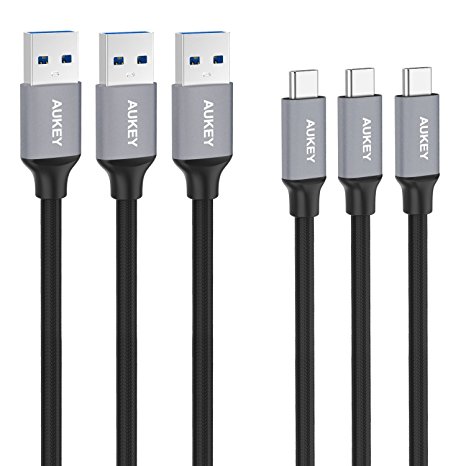 AUKEY USB C Cable to USB 3.0 A Nylon Braided 1M [ 3 Pack ] Grey Data Transfer & Charging USB Type C Cable for the New MacBook 2015 ,Nexus 5X, OnePlus 3, Huawei P9, and more USB C Supported Computer and Tables