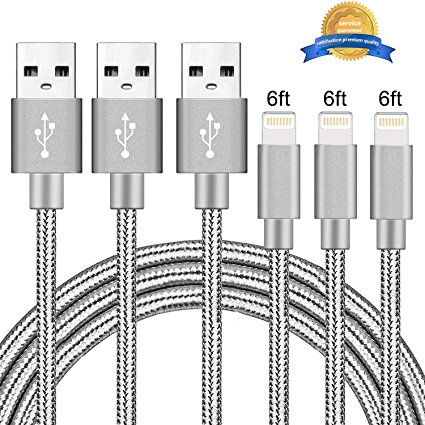 Ulimag Lightning Cable 3Pack 6FT Nylon Braided Certified iPhone Cable - USB Cord Charging Charger for Apple iPhone 7, 7 Plus, 6, 6s, 6 , 5, 5c, 5s, SE, iPad, iPod Nano, iPod Touch - (Grey)