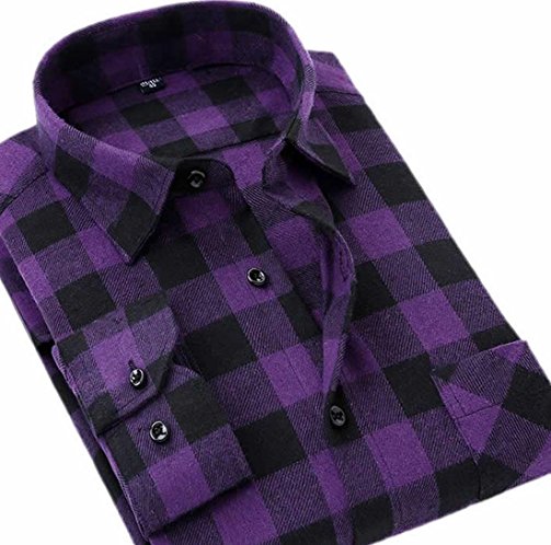 Fulok Mens Casual Checkered Plaid Flannel Long Sleeve Shirt