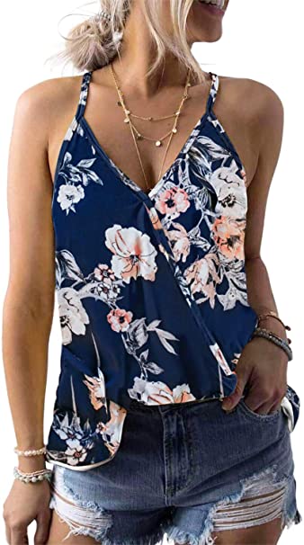 Dokotoo Womens V Neck Camisole Leaf Print Tanks Tops and Blouse S-XXL