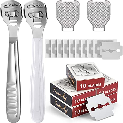 2 Sets Callus Shavers, Includes 2 Pieces Callus Shavers Callus Remover 60 Pieces Replacement Slices and 2 Pieces Foot File Heads Foot Care Tools Hard Skin Remover for Hand Feet