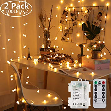 2 Pack 100 LED Globe String Lights Battery Operated Waterproof, 49 Ft Fairy Ball String Light with Remote Control for Indoor Outdoor Use, Bedroom, Party, Wedding, Garden, Christmas Decor (Warm White)