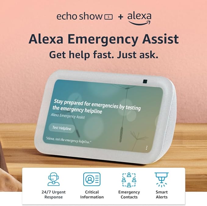 All-new Echo Show 5 (3rd Gen, 2023 release)   Alexa Emergency Monthly (auto-renewal) | Smart display with deeper bass and clearer sound | Glacier White