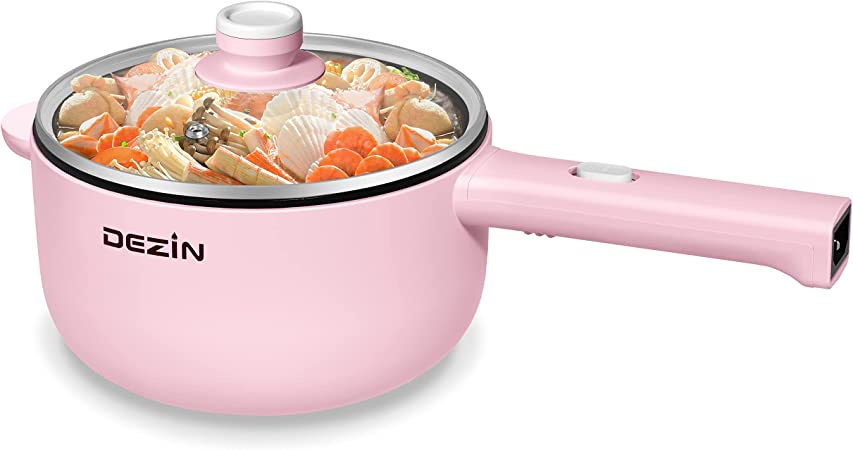 Dezin Electric Hot Pot, 1.8L Non-Stick Sauté Pan, Rapid Noodles Cooker, Mini Pot for Steak, Egg, Fried Rice, Ramen, Oatmeal, Soup with Power Adjustment, College Dorm Room Essential(Egg Rack Included)