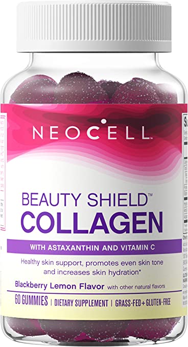 NeoCell Beauty Shield Grass Fed Collagen Gummies with Astaxanthin, Amla Fruit Extract and Vitamin C, BlackBerry Lemon Flavor Collagen Supplements for Women, 60 Count