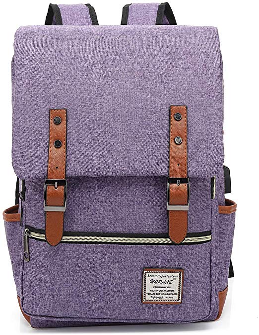 UGRACE Vintage Laptop Backpack Slim School Bag Travelling Backpacks with USB Charging Port for Men Women