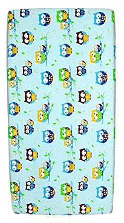 NEW BABY COT SHEET 120x60 100% COTTON FITTED PRINTED COLOURFUL NURSERY BED (Owls Blue)