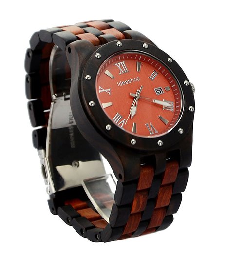 Ideashop Men's Big Case Black And Red Sandalwood Watches Movement QUARTZ Wood Watch With Date Calendar for Unique Gift