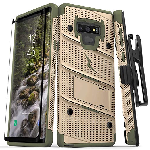 Zizo Bolt Series Galaxy Note 9 Case with Holster, Lanyard, Military Grade Drop Tested and Tempered Glass Screen Protector for Samsung Galaxy Note 9 Cover - Desert Tan/Camo Green