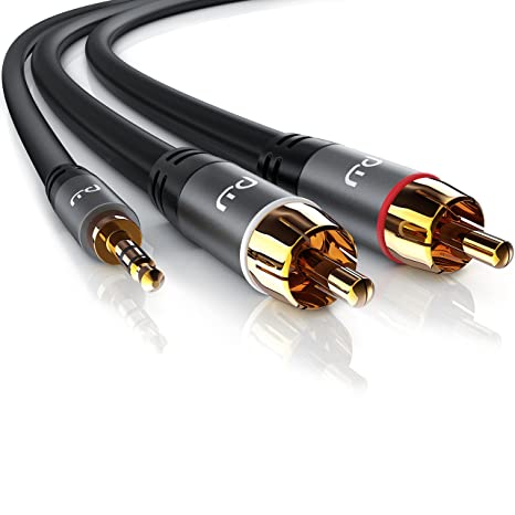 Primewire 2 RCA Phono to 3.5mm Stereo Jack Cable 1m - Y Audio Splitter - RCA Connector for Surround Sound Dolby Digital DTS - 1x Jack 3.5mm AUX to 2x Cinch RCA - Metal Shell Casing in Grey