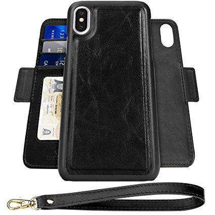 iPhone X Wallet Case, SHANSHUI Magnetic Detachable Leather Case with RFID Blocking Card Holders Compatible with Wireless Charging andWrist Strap Packed Gift Box(2017 Black)