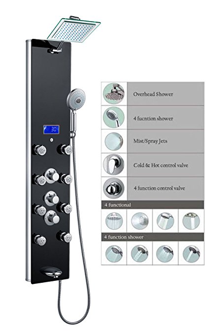 Blue Ocean 52” Aluminum SPA331B Thermostatic Shower Panel Tower with Rainfall Shower Head, 8 Multi-functional Nozzles, and Tub Spout