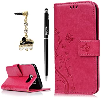 S6 Case,Samsung Galaxy S6 Case (Non-Edge) - BADALink Fashion Wallet Premium PU Leather with Embossed Flowers Butterfly Flip Cover with Hand Strap & 3D Cute Elephant Dust Plug & Stylus Pen - Hot Pink
