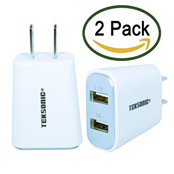 TekSonic 2 Pack 2.1 Amp Dual USB Wall Charger Portable Home Travel USB Adapter Charger Plug for iPhone 7 6 5, iPad, Samsung Galaxy, S7 Edge, Note 5, HTC, LG G5, Nexus, Nokia, Motorola (TKS300 Silver)