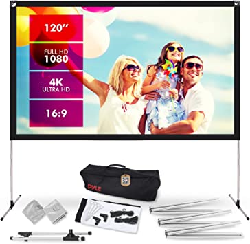 Pyle Projector Screen with Stand - 120" 16:9 HD 4K Portable Lightweight Freestanding Foldable Indoor Outdoor Movie Projection Display with Frame for Home Theater