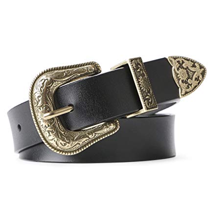 Women Leather Belts Ladies Vintage Western Design Black Waist Belt for Pants Jeans Dresses