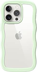 JETech Cute Case for iPhone 15 Pro 6.1-Inch, Wave Frame Curly Shape Shockproof Phone Cover for Women and Girls, Clear Hard PC Back (Green)