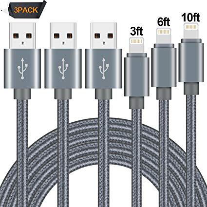 TAIKON Lightning Cable 3Pack 3FT 6FT 10FT Nylon Braided Certified iPhone Cable USB Cord Charging Charger for iPhone X 8 7 Plus 6S 6 SE 5S 5C 5, iPad 2 3 4 Mini Air Pro, iPod Nano 7 Gary
