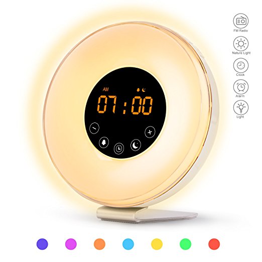 Sunrise Alarm Clock [2018 Upgraded] Wake Up Light with 6 Natural Sounds, FM Radio, Sunrise and Sunset Simulation for Bedrooms, Touch Control with Snooze Function and 7 Colors LED Night Light