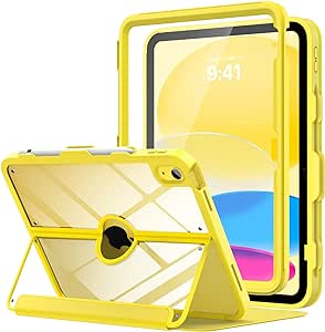 MoKo for iPad 10th Generation Case with Pencil Holder, iPad Case 10th Generation 2022 10.9", Built-in Screen Protector Clear Back, Stain Resistant Multi Angle Viewing Stand, Auto Wake/Sleep, Yellow