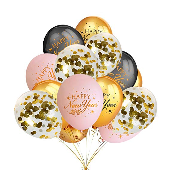 Happy New Year Balloons Decorations,12 Pack 12 Inches Gold Confetti Balloons,30 Pack Gold & Light Pink & Black Printed Happy New Years Party Balloons Supplies