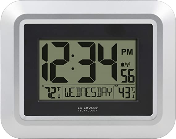 La Crosse Technology 513-1918S-INT Atomic Digital Wall Clock with Temperature, Silver