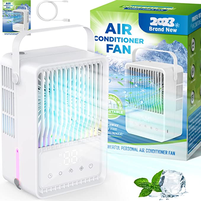 Portable Air Conditioner with 7 LED Light, 3 Speeds Personal Evaporative Air Cooler with 600ml Large Water, 4 in 1 Mini Air Conditioner Fan with 2 Cool Spray & 8H Timer for Bedroom Car Camping