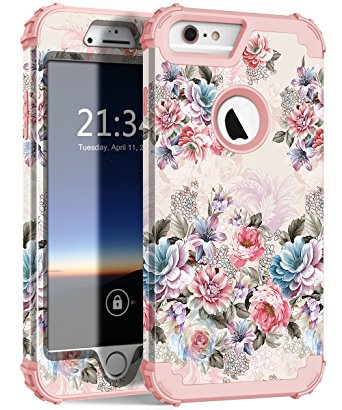 iPhone 6s Plus Case, Hocase Drop Protection Shock Absorbing Silicone Bumper Hard Shell Hybrid Dual Layer Full-Body Protective Case for iPhone 6 Plus / iPhone 6s Plus 5.5" - Peony Flowers / Rose Gold