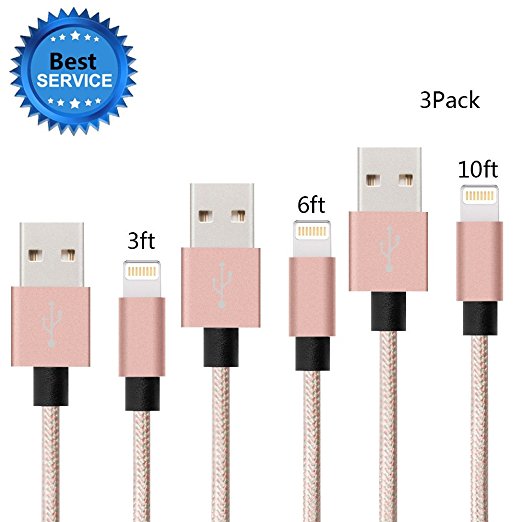 iPhone Cable SGIN 3-PACK 3FT 6FT 10FT Nylon Braided Lightning to USB Charger - Syncing and Charging Cord for Apple iPhone 7, 7 Plus, 6s, 6s , 6, SE, 5s, 5c, 5, iPad Mini, Air, iPod (Rose & Gold)