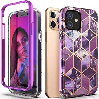 Hasaky for iPhone 12 Pro Case,iPhone 12 Case,Dual Layer Hybrid Bumper Purple Marble Design Soft TPU Hard Back Heavy Duty Shockproof Protective Phone Case for iPhone 12 5G 2020 6.1 Inch -Purple Marble.